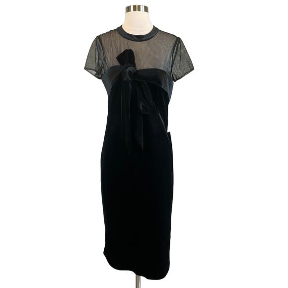 JS Collection Velvet Midi Sheath Cocktail Dress Black Size 10 Sheer Short Sleeve - Picture 1 of 13